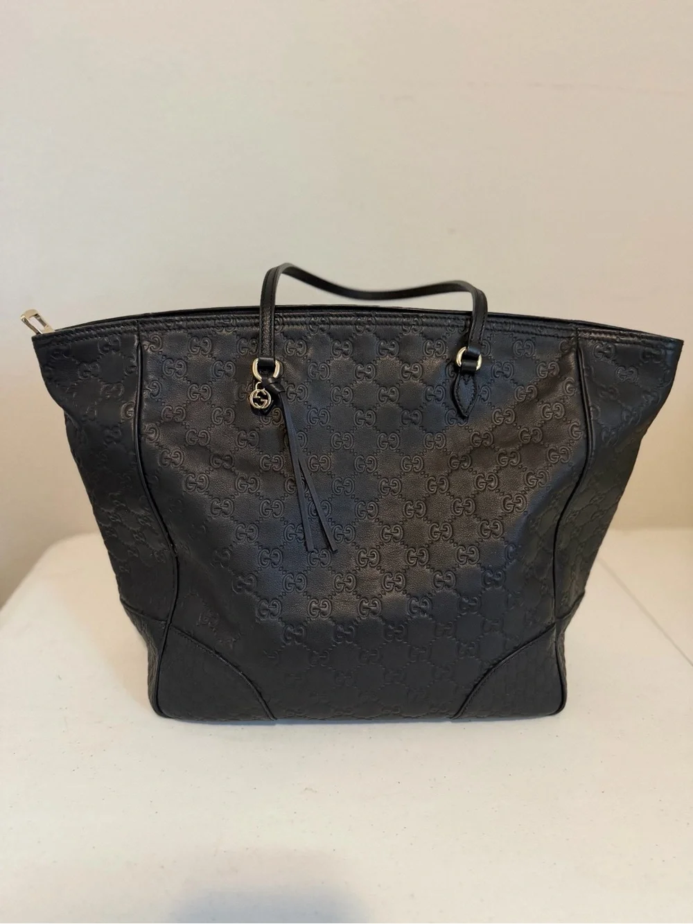 Gucci Black GG Embossed Tote with Gold Accent